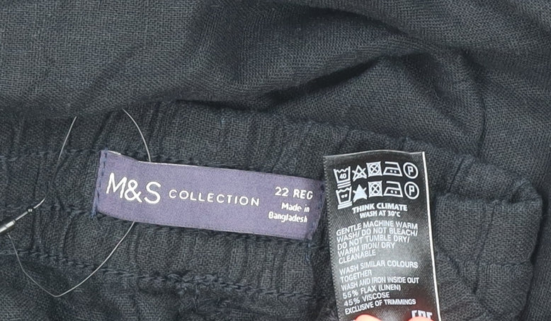 Marks and Spencer Women Black Linen Blend Wide-Leg Trousers Size 22 Regular