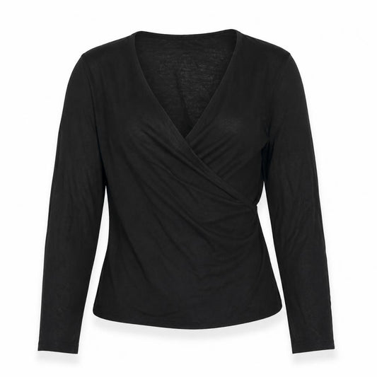 Front view of James Lakeland Women’s Black Wrap Blouse Long Sleeve, size UK 12