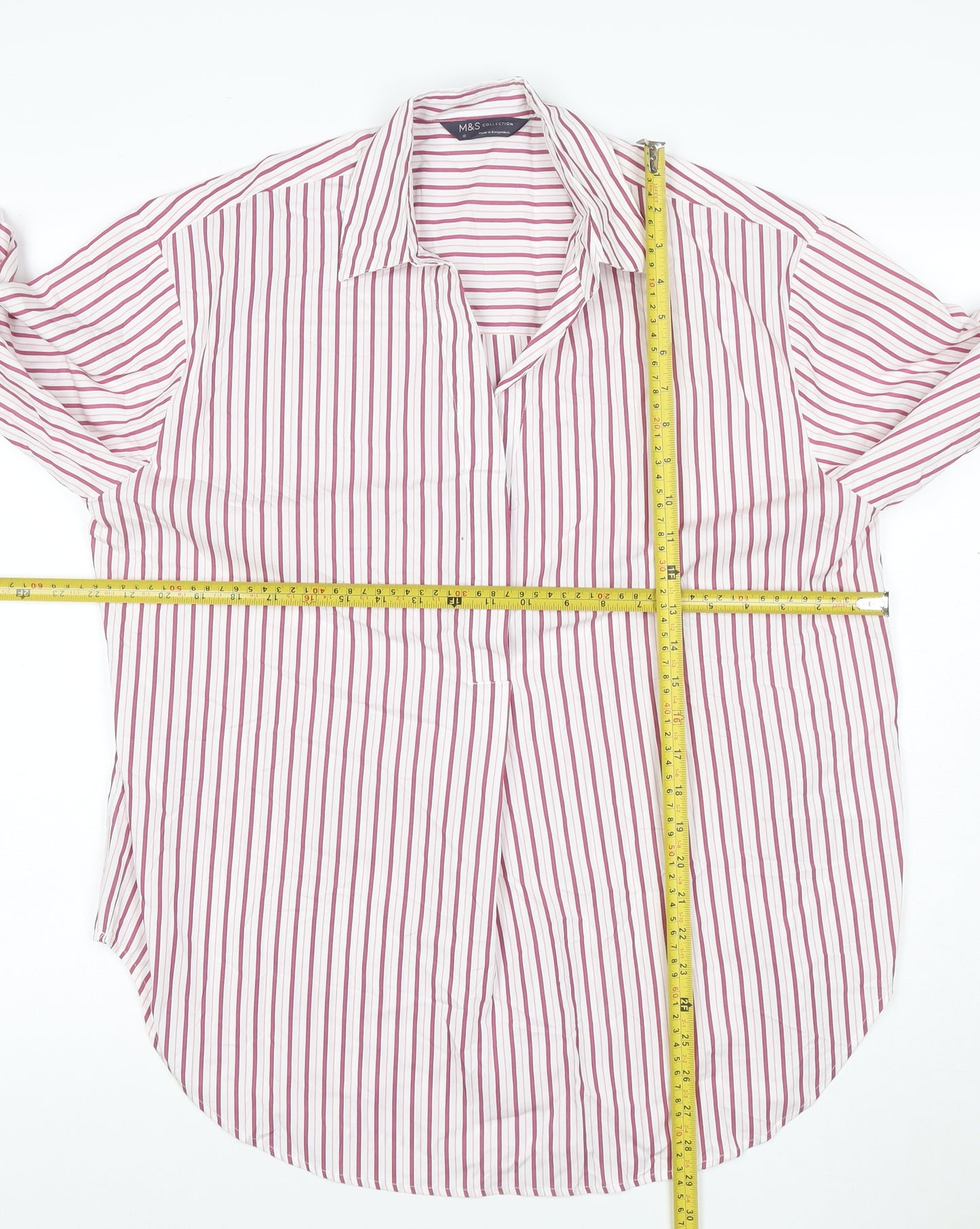 Marks and Spencer Women White Pink Striped Long Sleeve Button-Up Shirt Size 12