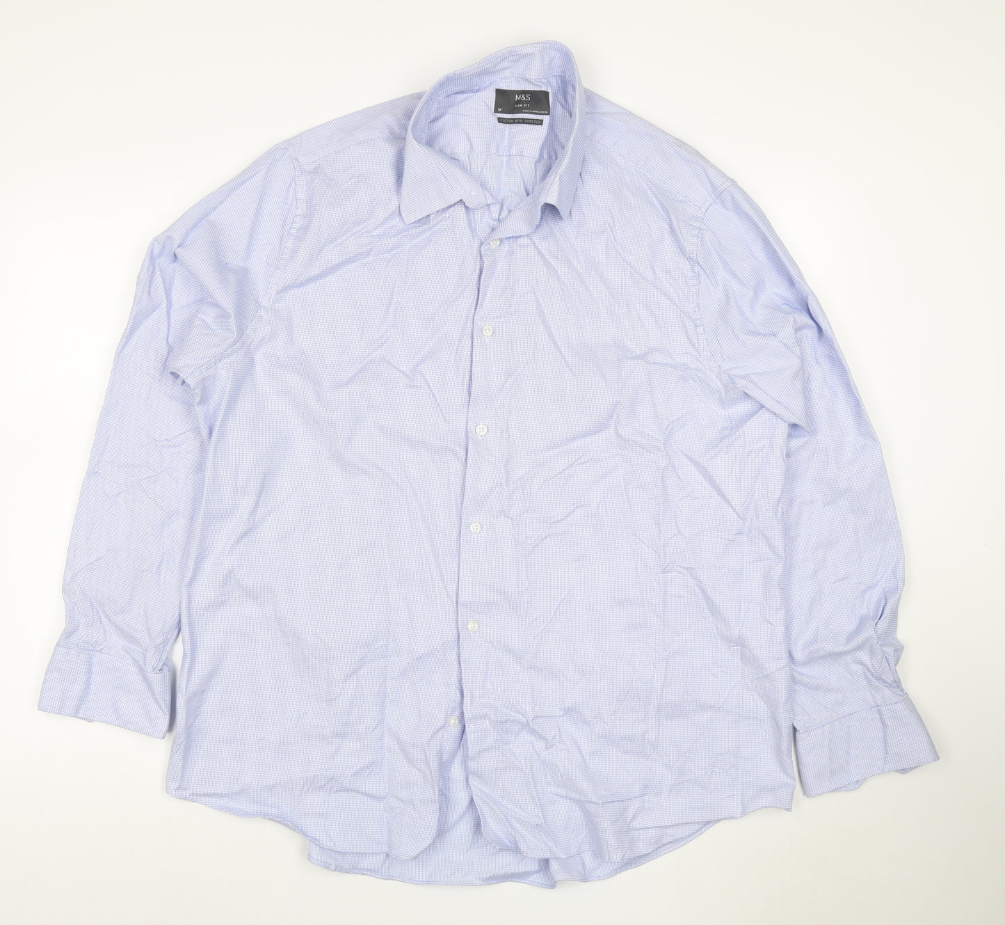 Marks and Spencer Men's Blue Slim Fit Cotton Long Sleeve Shirt Size 18