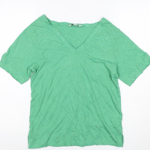Marks and Spencer Women's Green V-Neck Short Sleeve Linen Modal T-Shirt Size 6