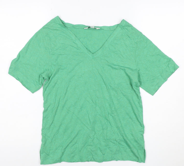 Marks and Spencer Women's Green V-Neck Short Sleeve Linen Modal T-Shirt Size 6