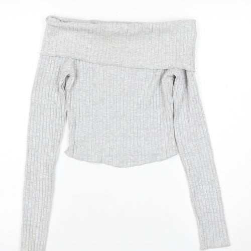Bershka Women’s Grey Ribbed Off Shoulder Slim Fit Jumper XS
