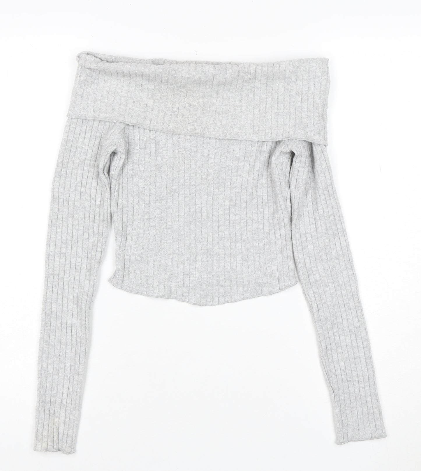 Bershka Women’s Grey Ribbed Off Shoulder Slim Fit Jumper XS