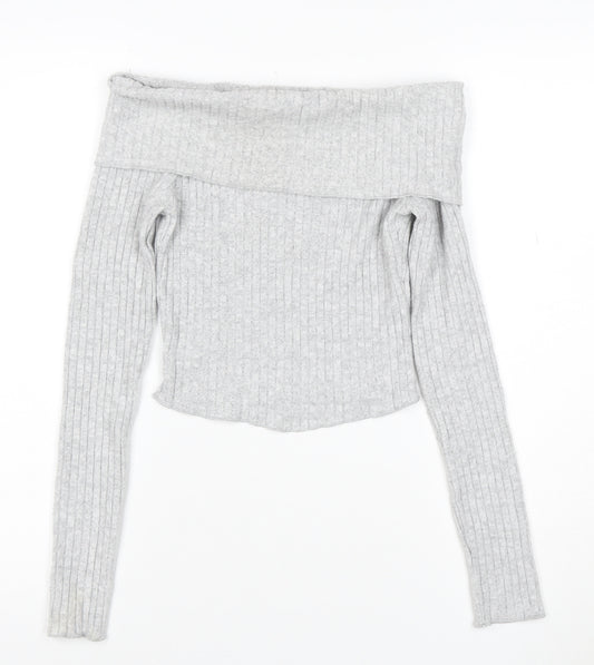 Bershka Women’s Grey Ribbed Off Shoulder Slim Fit Jumper XS