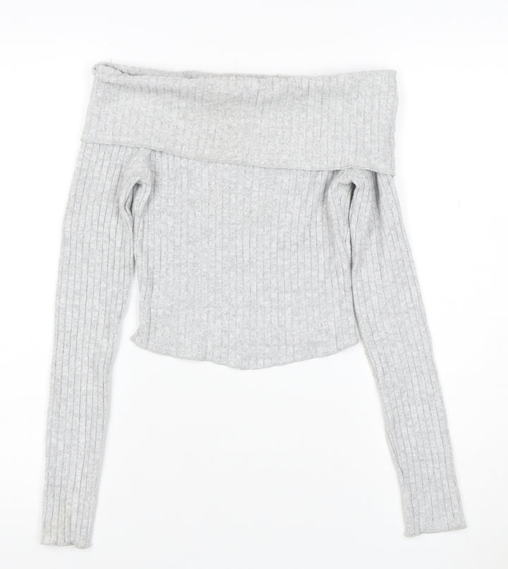 Bershka Women’s Grey Ribbed Off Shoulder Slim Fit Jumper XS
