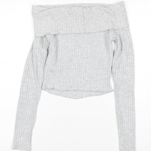 Bershka Women’s Grey Ribbed Off Shoulder Slim Fit Jumper XS