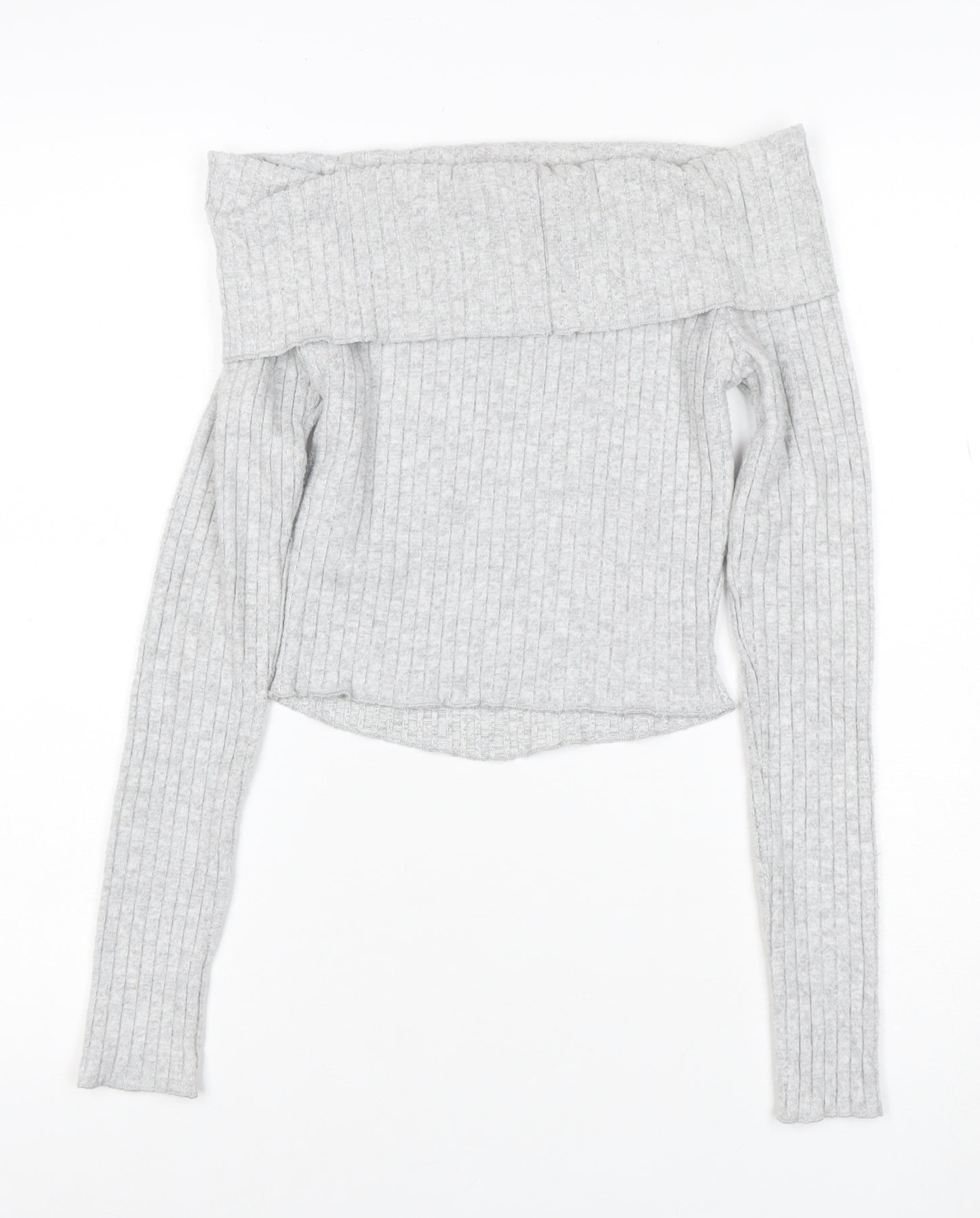 Bershka Women’s Grey Ribbed Off Shoulder Slim Fit Jumper XS