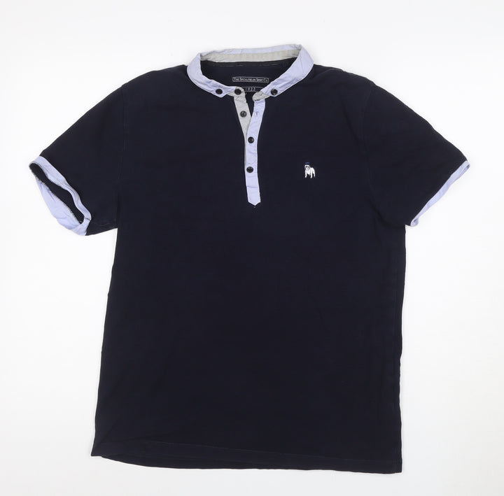The Spitalfields Shirt Co. Men's Blue Henley Short Sleeve Cotton T-Shirt M