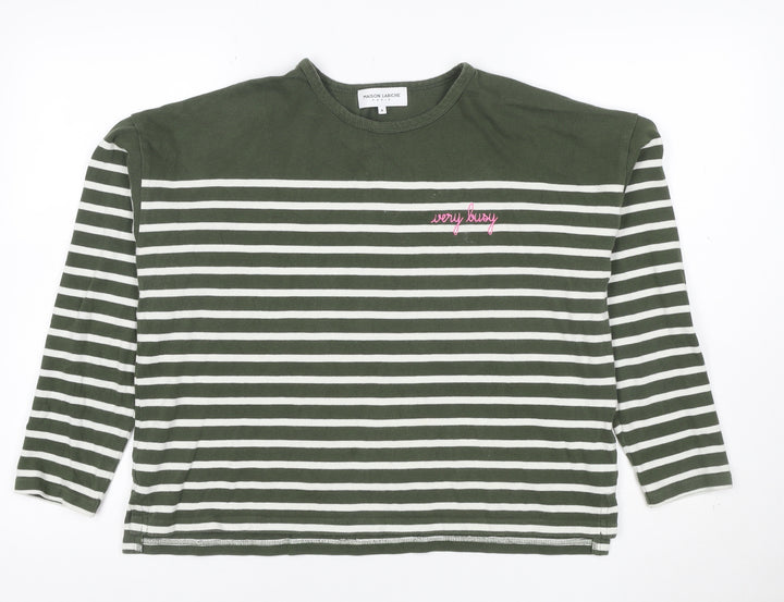 Maison Labiche Women’s Green Striped Cotton Embroidered Long Sleeve T-Shirt M