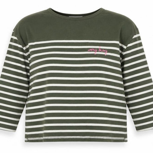 Maison Labiche Women’s Green Striped Cotton Embroidered Long Sleeve T-Shirt M