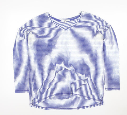 Front view of Next Women's Blue Striped Long Sleeve V-Neck Cotton T-Shirt, size 16