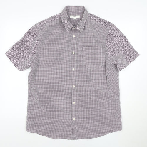 Marks and Spencer Men's Purple Check Short Sleeve Button-Up Shirt L