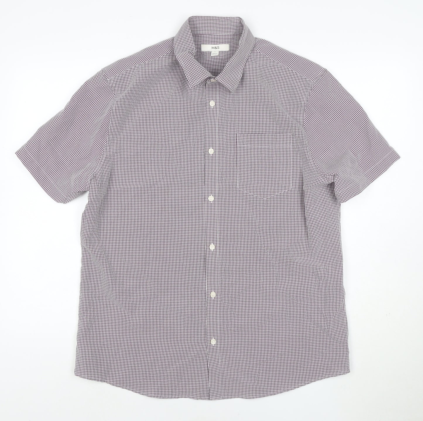 Marks and Spencer Men's Purple Check Short Sleeve Button-Up Shirt L