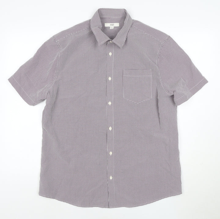 Marks and Spencer Men's Purple Check Short Sleeve Button-Up Shirt L