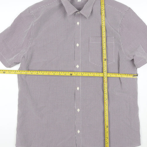 Marks and Spencer Men's Purple Check Short Sleeve Button-Up Shirt L