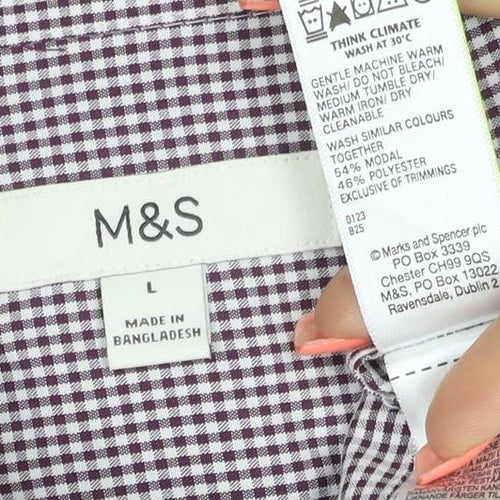 Marks and Spencer Men's Purple Check Short Sleeve Button-Up Shirt L