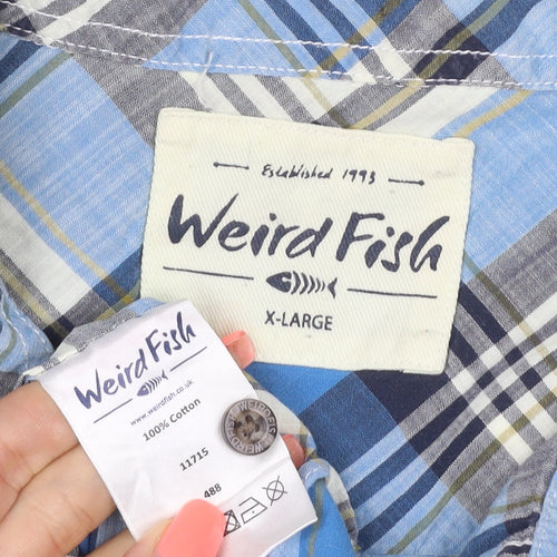 Weird Fish Mens Blue Plaid Cotton Short Sleeve Button-Up Shirt XL