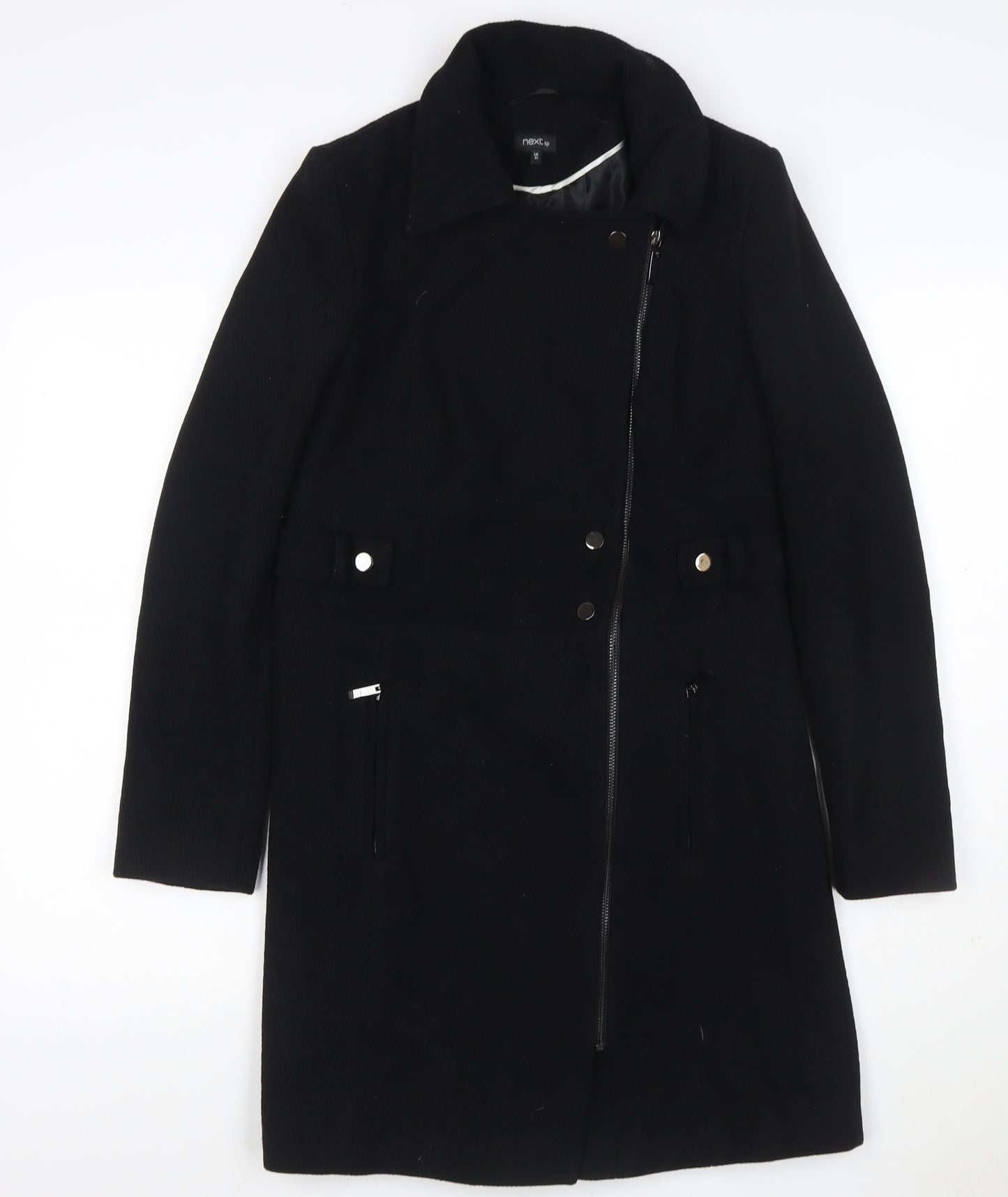 Next Womens Black Wool Blend Long Coat Size 10 Classic Zip Style
