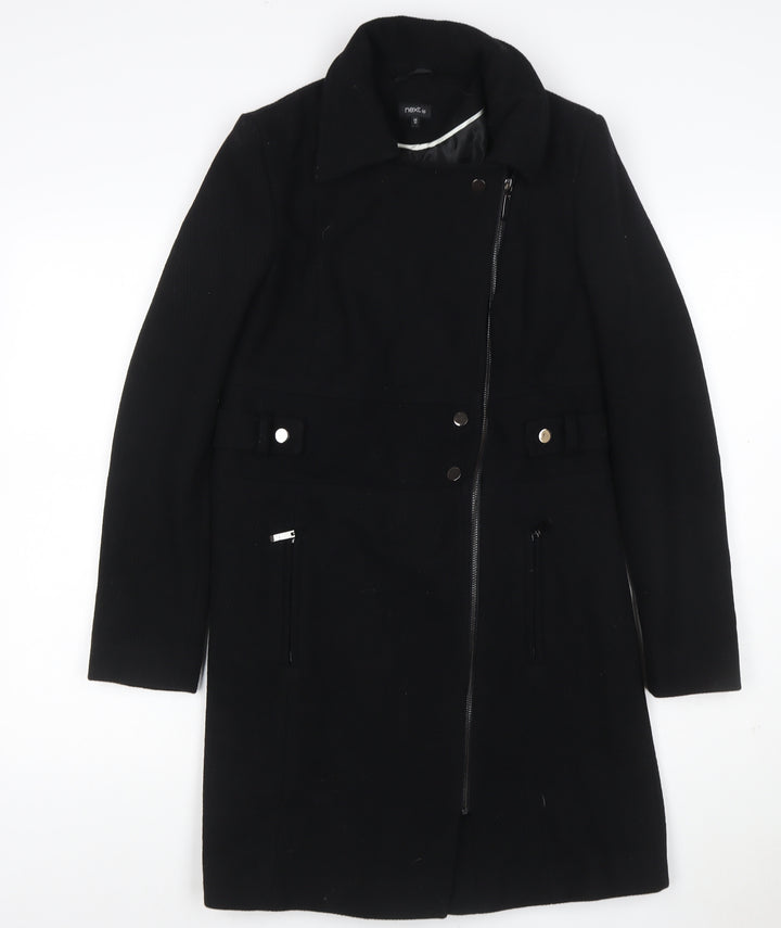 Next Womens Black Wool Blend Long Coat Size 10 Classic Zip Style