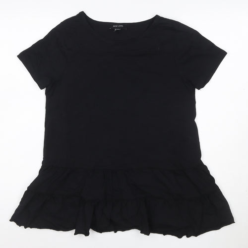 New Look Women Black Cotton Ruffle Hem Tunic T-Shirt UK 12