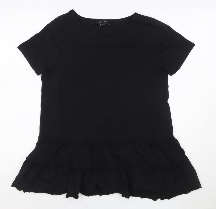 New Look Women Black Cotton Ruffle Hem Tunic T-Shirt UK 12
