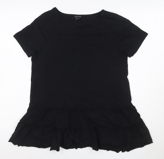 New Look Women Black Cotton Ruffle Hem Tunic T-Shirt UK 12