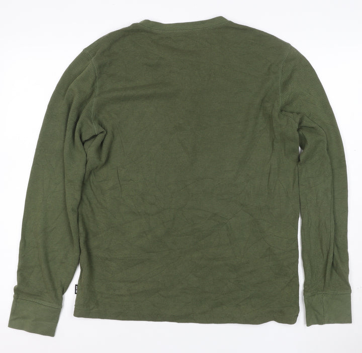 American Eagle Men's Green Henley Waffle-Knit Jumper Size M