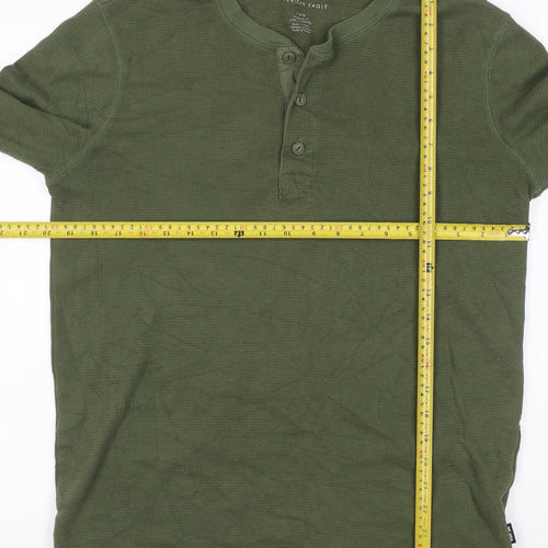 American Eagle Men's Green Henley Waffle-Knit Jumper Size M