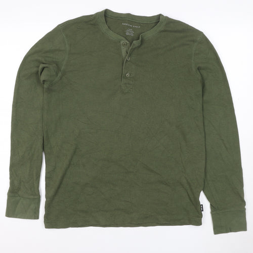 American Eagle Men's Green Henley Waffle-Knit Jumper Size M