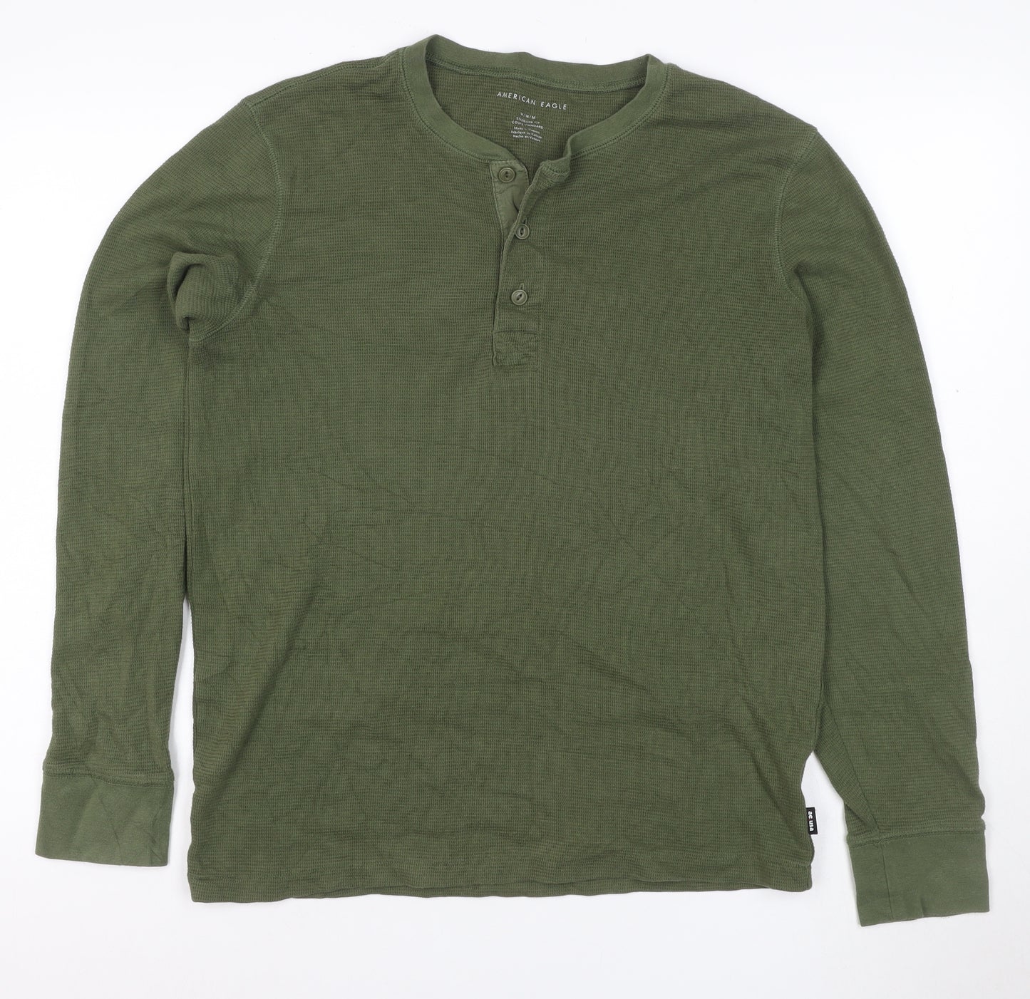 American Eagle Men's Green Henley Waffle-Knit Jumper Size M