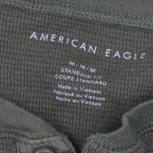 American Eagle Men's Green Henley Waffle-Knit Jumper Size M