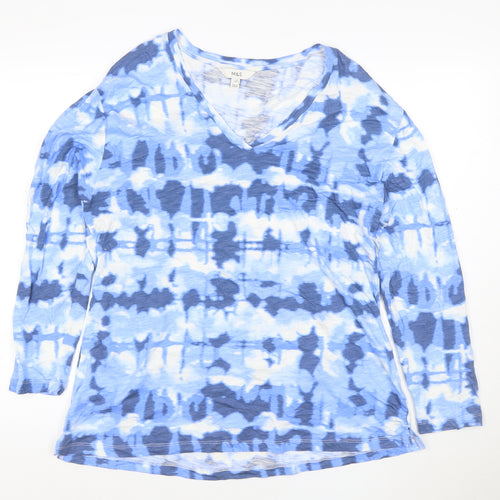 Marks and Spencer Men's Blue Tie-Dye Long Sleeve V-Neck T-Shirt Size L