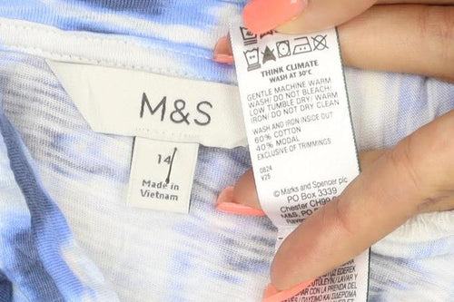 Marks and Spencer Men's Blue Tie-Dye Long Sleeve V-Neck T-Shirt Size L