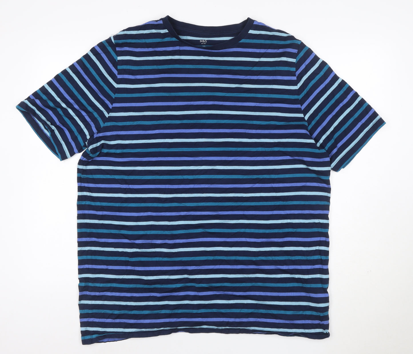 Marks and Spencer Men's Blue Striped 2XL Cotton Crew Neck T-Shirt