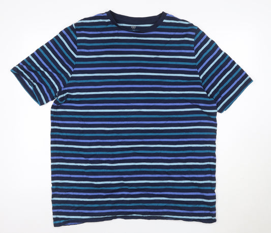 Marks and Spencer Men's Blue Striped 2XL Cotton Crew Neck T-Shirt