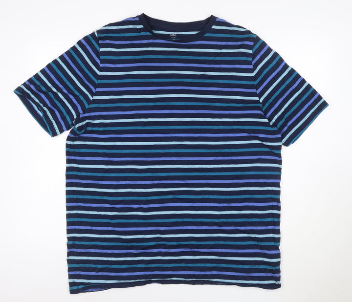 Marks and Spencer Men's Blue Striped 2XL Cotton Crew Neck T-Shirt
