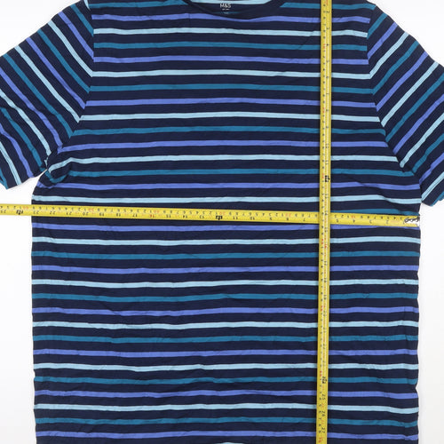 Marks and Spencer Men's Blue Striped 2XL Cotton Crew Neck T-Shirt
