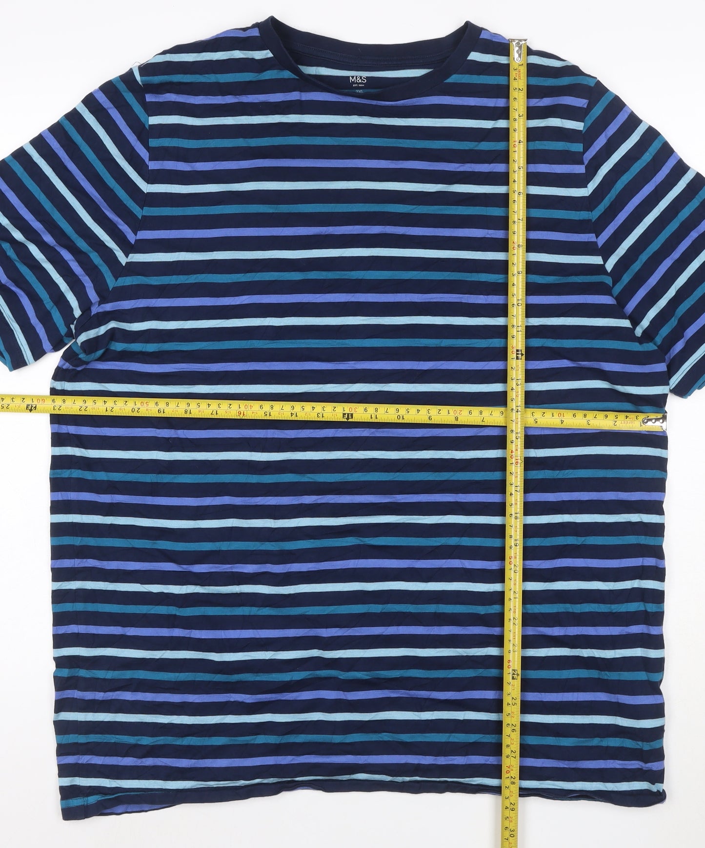 Marks and Spencer Men's Blue Striped 2XL Cotton Crew Neck T-Shirt