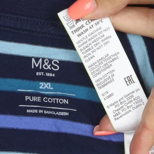Marks and Spencer Men's Blue Striped 2XL Cotton Crew Neck T-Shirt
