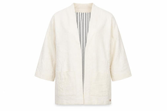 Harris Wilson Women Ivory Cotton Blend Relaxed Fit 3/4 Sleeve Blazer Size M