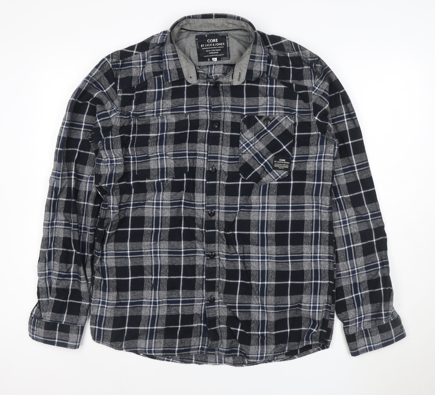 Jack & Jones Men’s Blue Check Flannel Long Sleeve Button-Up Shirt XL