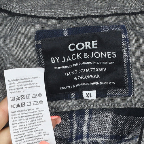 Jack & Jones Men’s Blue Check Flannel Long Sleeve Button-Up Shirt XL
