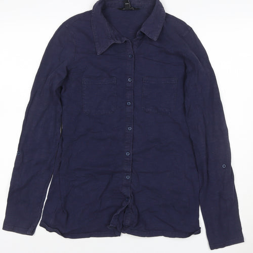 Long Tall Sally Womens Blue Button-Up Cotton Shirt XS