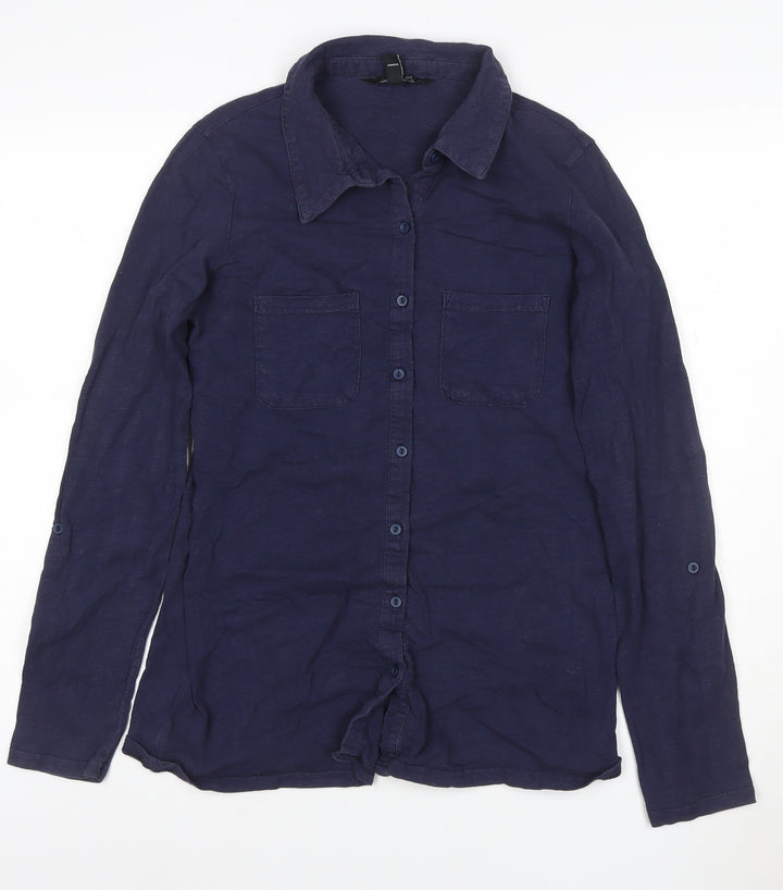 Long Tall Sally Womens Blue Button-Up Cotton Shirt XS