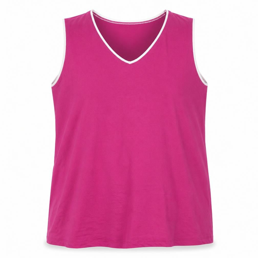Front view of Evans women’s pink v-neck sleeveless plus, size UK 22/24, tank top