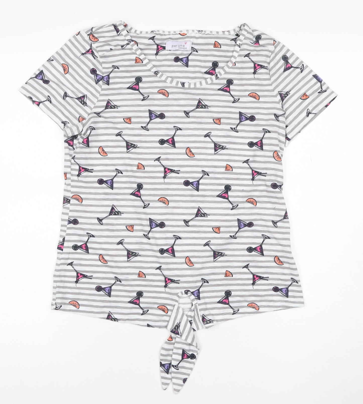 Marks and Spencer Women’s Grey Striped Tie Front Cocktail Print T-Shirt Size 12