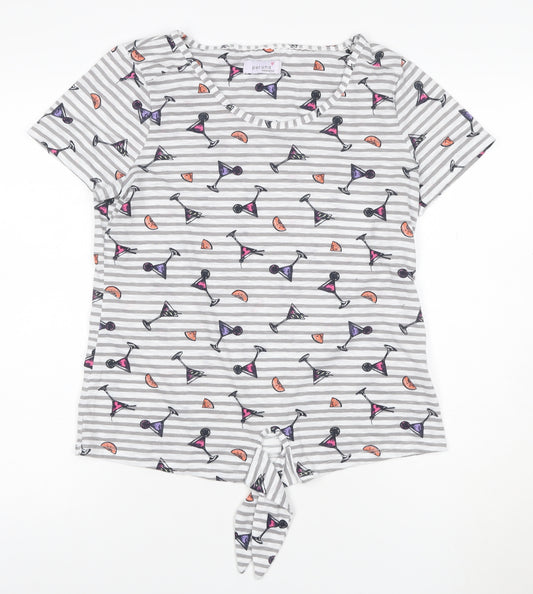 Marks and Spencer Women’s Grey Striped Tie Front Cocktail Print T-Shirt Size 12