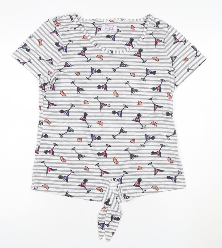 Marks and Spencer Women’s Grey Striped Tie Front Cocktail Print T-Shirt Size 12