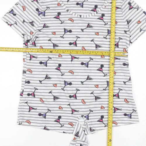 Marks and Spencer Women’s Grey Striped Tie Front Cocktail Print T-Shirt Size 12